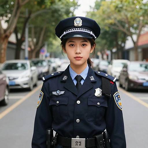 Photograph of an Asian female police officer in a dark blue uniform standing on a busy street, trees lining the background. She wears a peaked cap,