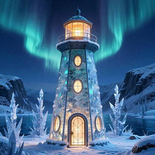 Photograph of a glowing, ice-crystal lighthouse under a mesmerizing aurora borealis, surrounded by snow-covered mountains and illuminated icicles.