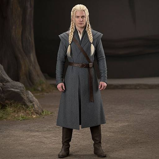 Photograph of a blonde man with braided hair, wearing a blue, long-sleeve, textured coat with a brown belt, standing on a