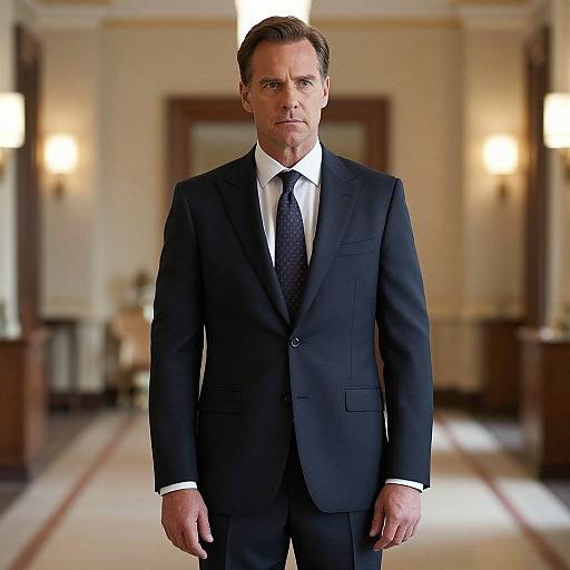 Photograph of a serious-looking, middle-aged white man in a black suit, white shirt, and patterned tie, standing in a well-lit