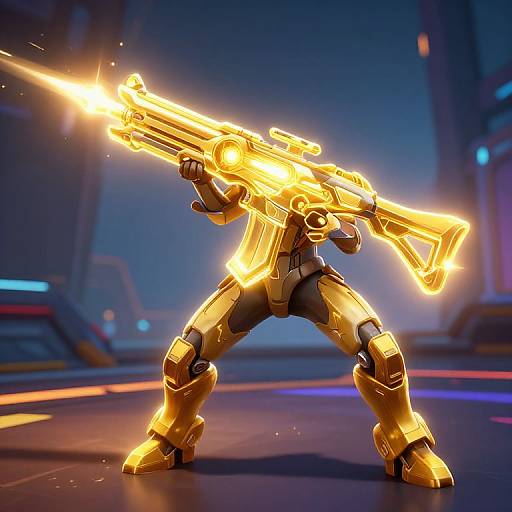 Glowing yellow robotic warrior in a dynamic stance, firing a bright, energy-emitting gun in a futuristic, neon-lit environment. CGI art