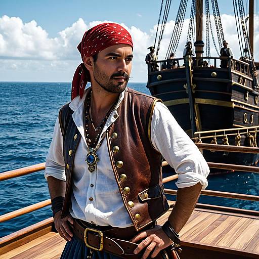 Pirate in Costume on Wooden Deck