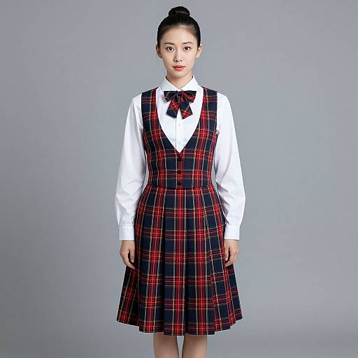 Photograph of an Asian woman with black hair in a bun, wearing a white long-sleeved shirt, red-black plaid vest dress with a