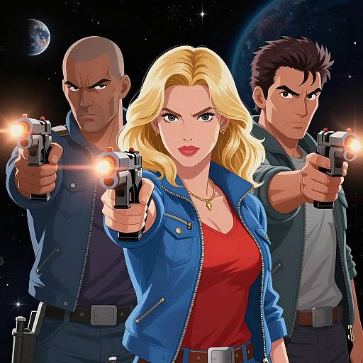 Intense Digital Illustration of Gun-Wielding Trio