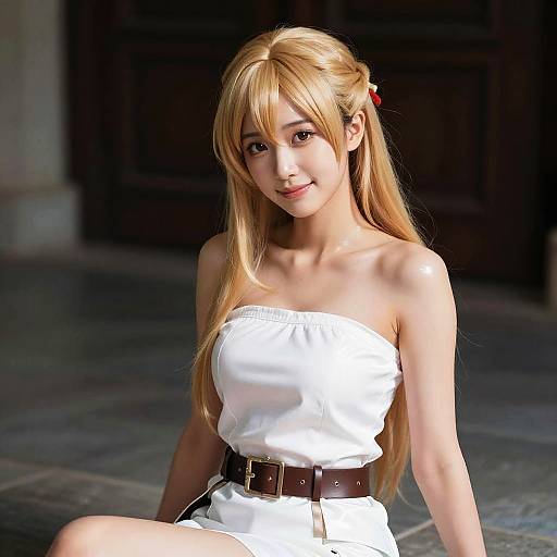 Digital artwork of a beautiful young Asian woman with long blonde hair, wearing a white strapless top and white shorts with a brown belt, sitting indoors against