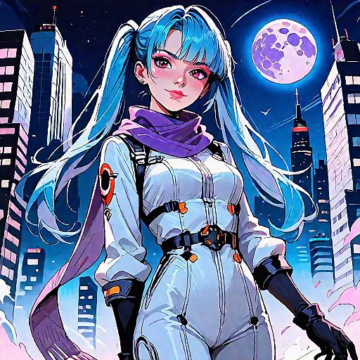 Blue Twintails Night City Cowboy Shot