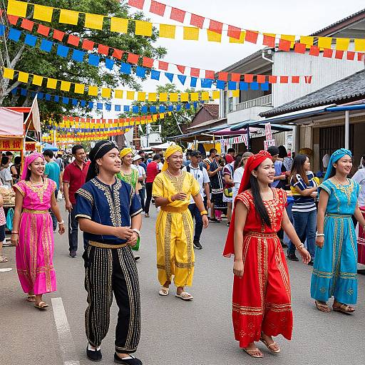 Photograph of vibrant street festival: Women in colorful traditional Southeast Asian dresses, men in embroidered shirts and trousers, festive yellow, blue, and red flags