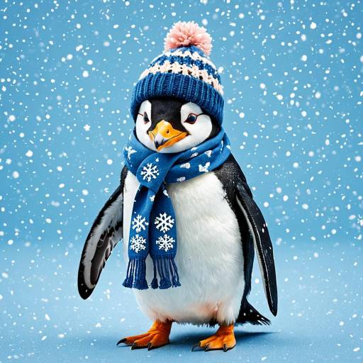 Penguin Wearing Winter Hat and Scarf in Snow