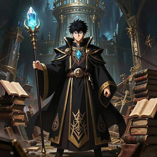 Anime-style digital artwork of a black-haired mage in ornate dark robes, holding a glowing blue staff, standing in a dimly lit, book-filled