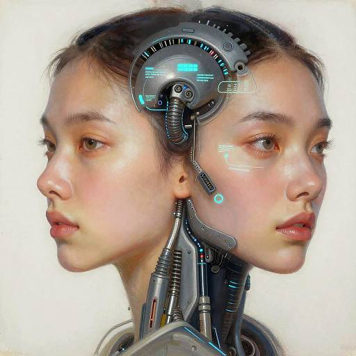 Digital art of a young woman with cybernetic enhancements, featuring mechanical implants in her head and neck, displaying glowing blue lights, dual profile view against