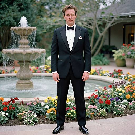 Photograph of a tall, handsome man in a black tuxedo with bow tie, standing in front of a colorful garden with a fountain, looking