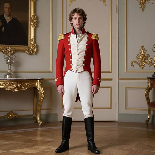 Photograph of a curly-haired man in a red and white military-style jacket with gold epaulettes, white pants, and black boots, standing