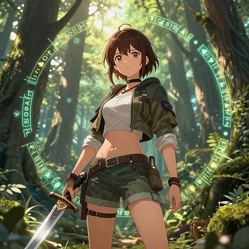 Anime-style digital art of a determined young woman with short brown hair, wearing a white crop top, green shorts, and a jacket, holding a sword