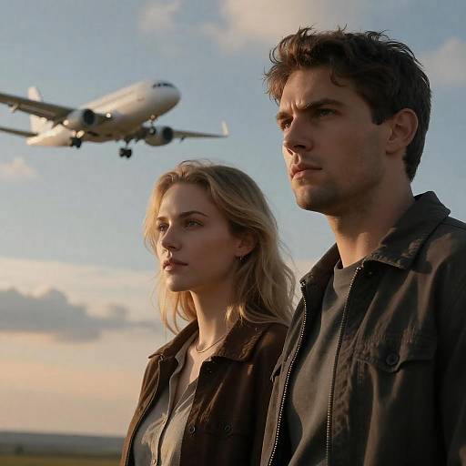 Intense Couple with Airplane in Background