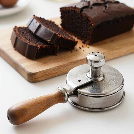 Photograph of a wooden cutting board with sliced dark chocolate cake and a silver, wooden-handled cake slicer in the foreground.