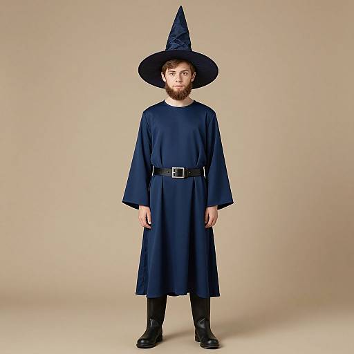 Photograph of a bearded man in a navy blue wizard costume with a pointed hat, long robe, black belt, and boots, standing against a