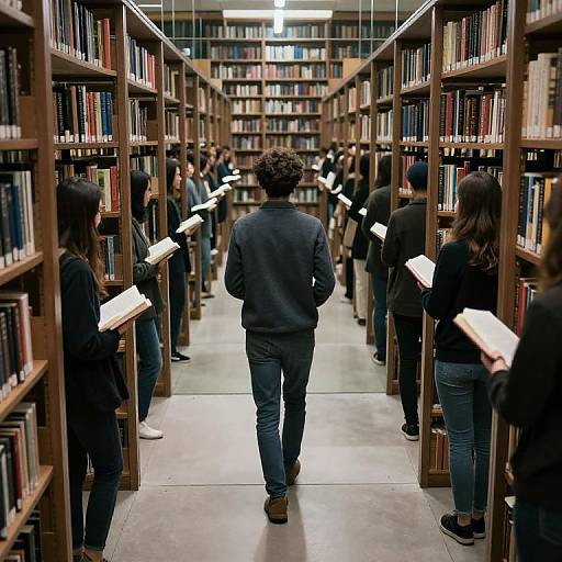 Photograph of a library aisle with rows of bookshelves; diverse students, mostly in black, stand reading and browsing books. Central figure, curly
