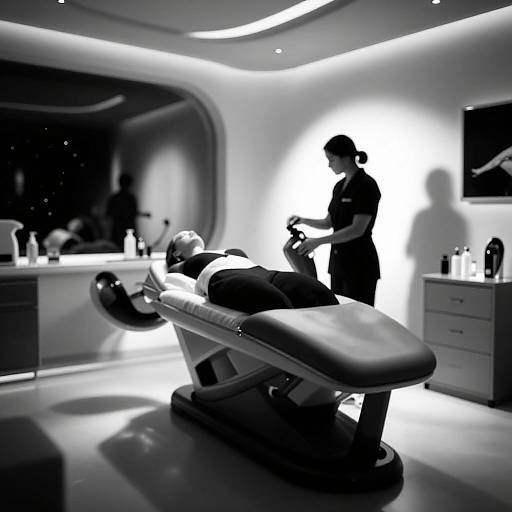 Black-and-white photo: Man reclines in modern dental chair, dentist standing beside, illuminated room, sleek furniture, and minimalistic decor.