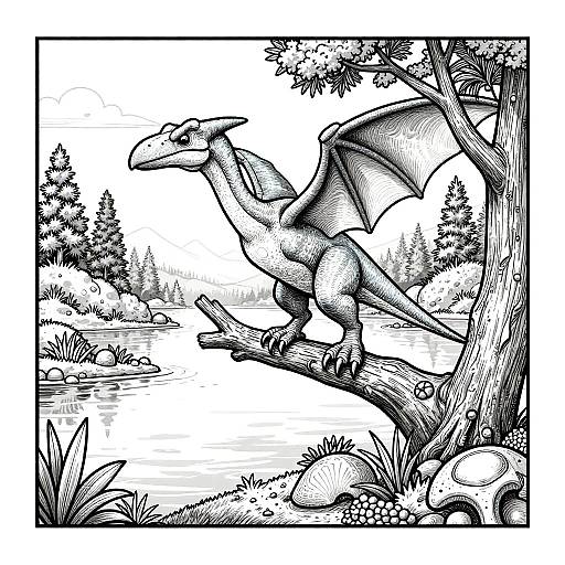 Black-and-white ink drawing of a dragon perched on a tree branch over a forested lake, wings spread, surrounded by rocks and foliage.