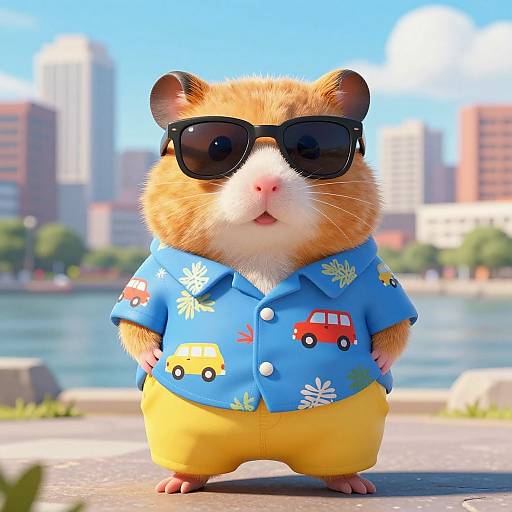 CGI image of a cute hamster wearing black sunglasses, blue shirt with car and flower patterns, and yellow pants, standing on a sunny city sidewalk