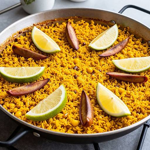 Photograph of a skillet filled with vibrant yellow saffron rice, topped with fresh lime wedges and caramelized bacon slices.