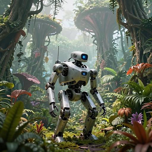 Photorealistic digital artwork of a white, futuristic robot with blue eyes standing in a lush, sunlight-dappled, dense jungle filled with vibrant plants