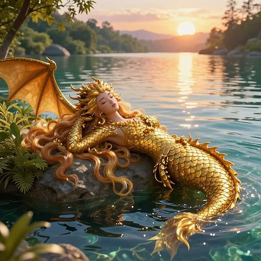 Digital painting of a golden mermaid with flowing hair and wings, relaxing on a rock in a serene lake at sunset.