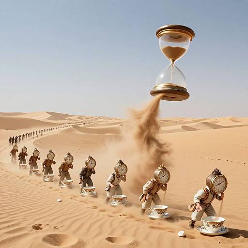 Digital art: Desert scene with marching clock dolls, golden hourglass, blowing sand, and distant group, under clear blue sky.