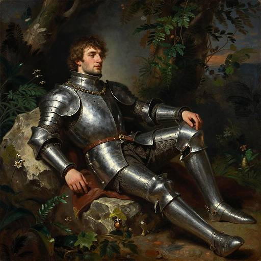 Medieval Knight in Armor Relaxing in Lush Oasis