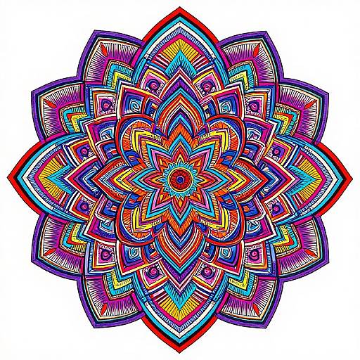 Vibrant digital mandala with intricate, colorful patterns in purple, blue, red, orange, and yellow, featuring symmetrical, star-shaped design