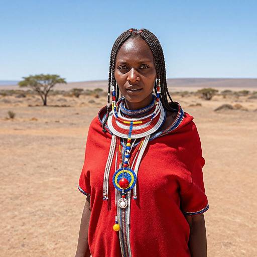 Photograph of a smiling African woman with braided hair, wearing a red dress adorned with colorful beads, standing in a dry, sunlit savanna