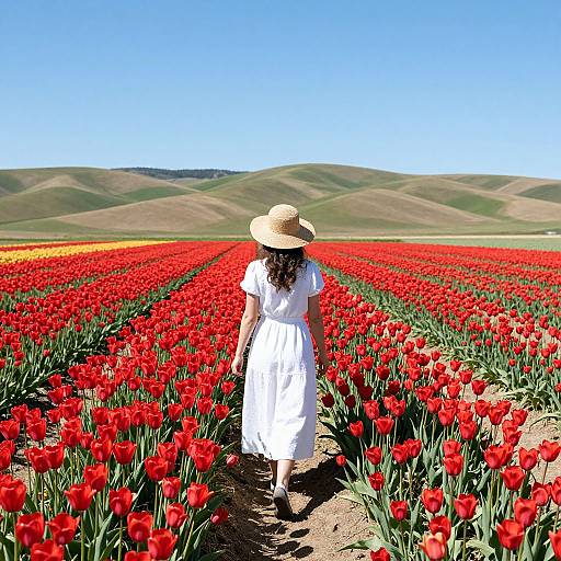 Photograph of a woman in a white dress and straw hat walking through a vibrant red tulip field with rolling green hills and clear blue sky in the