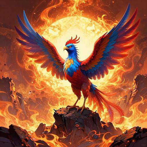 Vibrant digital painting of a fiery phoenix with blue, red, and orange feathers, standing on a rocky peak amidst blazing flames and a bright,