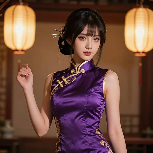 Photograph of an Asian woman with fair skin, black hair in an updo, wearing a shiny purple Chinese cheongsam with gold trim, standing