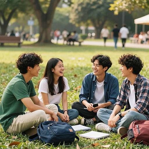Four Friends Laughing in Sunny Park