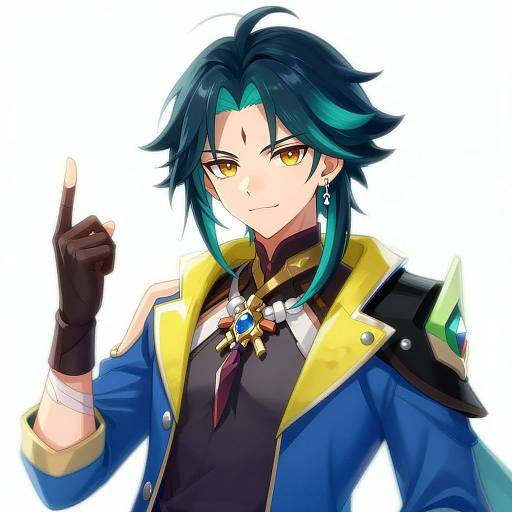 Digital anime-style drawing of a confident, blue-haired, yellow-eyed character with black gloves, blue and yellow coat, black shirt, and necklace, raising