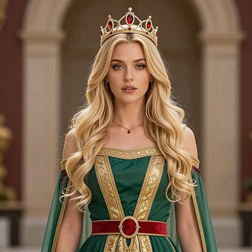 Regal Woman in Green and Gold