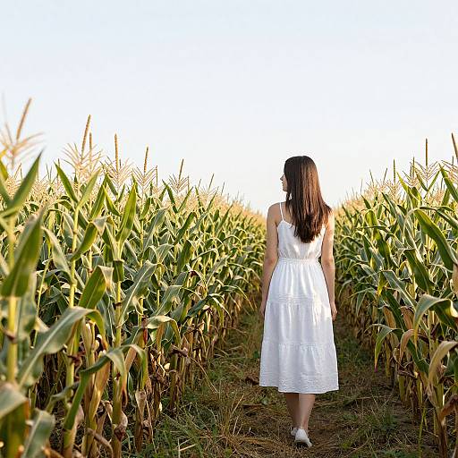 Photograph of a woman with long brown hair in a white sleeveless dress walking through a sunlit cornfield, seen from behind.
