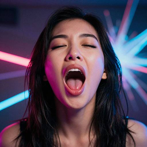 Close-up photograph of a young woman with closed eyes, open mouth, and tongue slightly out, illuminated by pink and blue neon lights. She has long