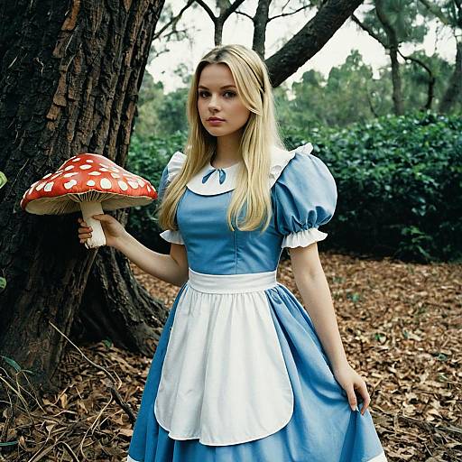 Young Woman in Alice in Wonderland Costume Holding Mushroom