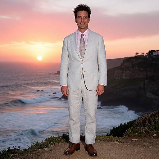 Photograph of a smiling man in a white suit and pink tie, standing on a coastal cliff at sunset, with ocean waves and colorful sky in the
