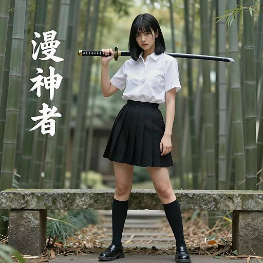 Asian Woman with Katana in Bamboo Forest