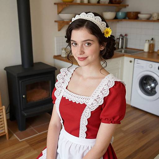 Photograph of a young woman with fair skin and dark curly hair, wearing a red dress with white lace trim, white apron, and yellow flower