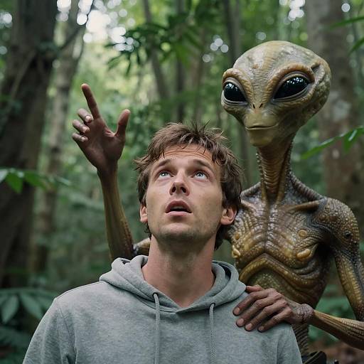 Surprised Man and Curious Alien Encounter