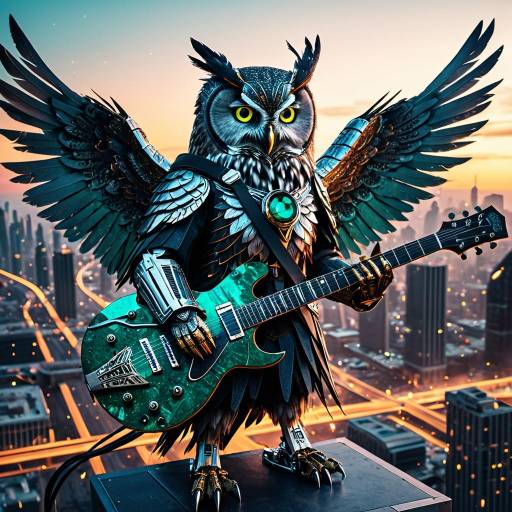 Cybernetic Owl Playing Electric Guitar at City Skyscraper