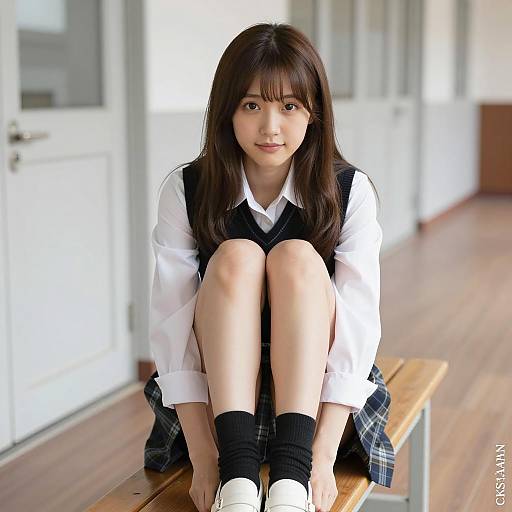 Asian Girl on School Bench Portrait
