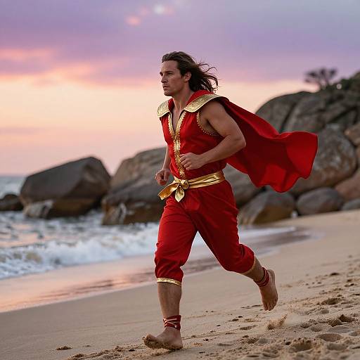 Photograph of a muscular man with long brown hair, running on a beach at sunset, wearing a red superhero costume with gold accents, barefoot,