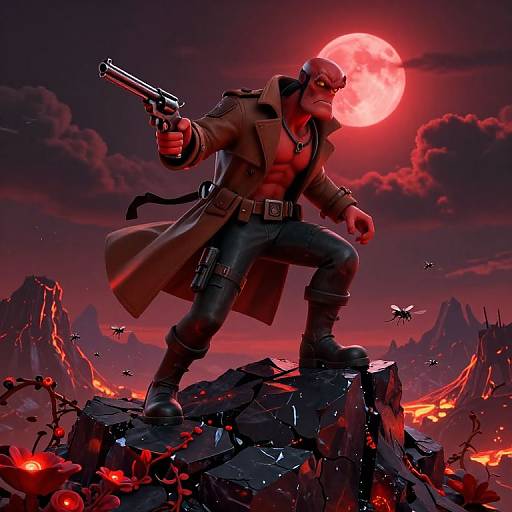 Digital artwork of a muscular, bald man in a trench coat, holding a gun, standing on rocky terrain under a red moon. Dark, fiery mountains
