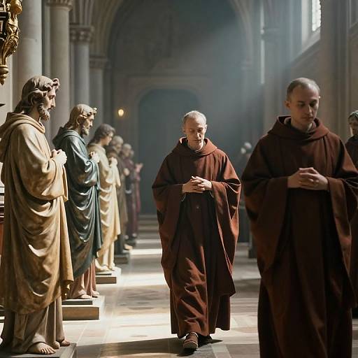 Photograph of a dimly lit cathedral with sunlight streaming in, showing a line of monks in brown robes and statues of biblical figures, with a bald