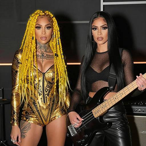Two Women with Distinct Fashion and Electric Bass Guitar